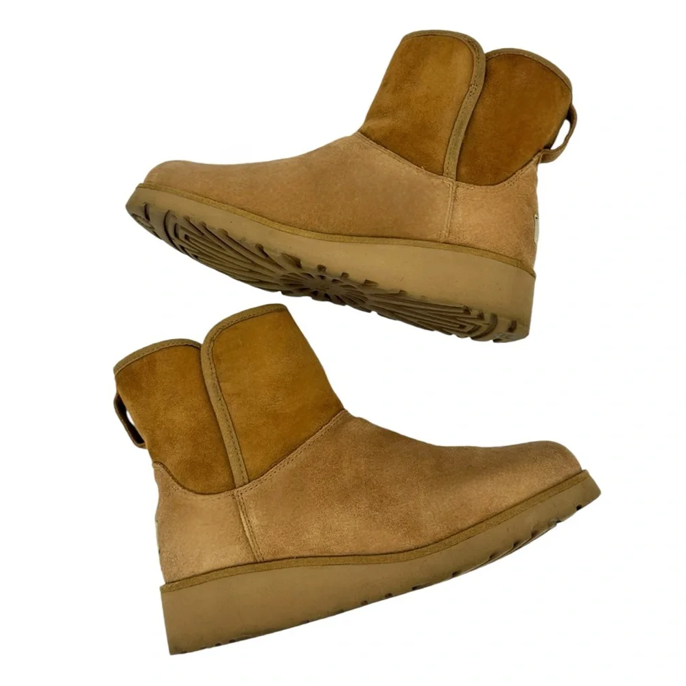 UGG Mini Suede Shearling Lined Wedge Classic Slim Boots Chestnut Size 7